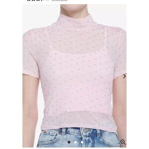 Pink Sheer Glitter Heart Mock Neck Top By Sweet Society - Hot Topic
